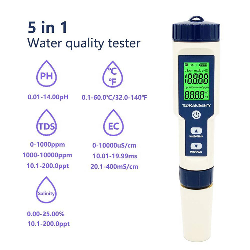 다중 파라미터 pH 미터 5 in 1 TDS/EC/Salinity/TEMP 검사기 교체 가능한 전극
